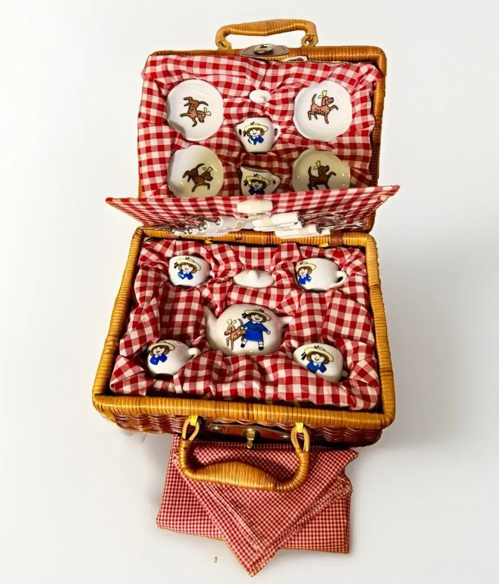 Vintage Schylling Madeline Tea Set Wicker Picnic Basket Complete Set Gingham 90s